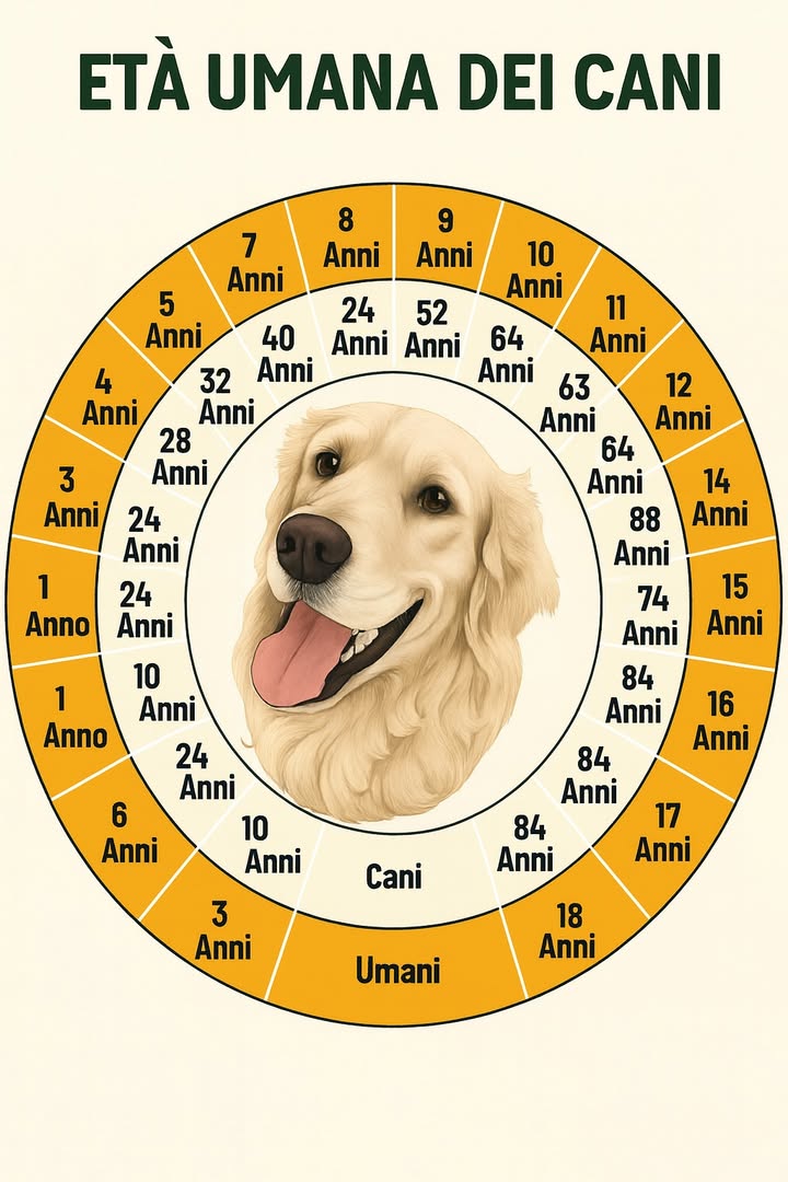 Età umana dei cani: come leggere la ruota 

1 Principio generale  i cani invecchiano rapidamente nei primi 2 anni: il primo anno corrisponde alladolescenza umana, il secondo alla giovane età adulta.
2 Dopo i 2 anni  aggiungere in media 45 anni umani per ogni anno del cane, come stima pratica.
3 Uso della ruota  anello esterno = età del cane mesi/anni; anello interno = età umana equivalente, utile per capire crescita, maturità e seniority.
4 Implicazioni di cura  adeguare alimentazione, controlli veterinari e attività fisica alle fasi di vita indicate dalla ruota.
5 Variabilità per taglia/razza  cani piccoli tendono a vivere più a lungo e invecchiano più lentamente rispetto a razze grandi; usare la ruota come guida indicativa e personalizzare con il veterinario.

 Conoscere letà umana aiuta a pianificare prevenzione, esercizio e benessere lungo tutto larco di vita del cane