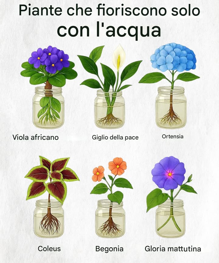 Piante che vivono solo dacqua 

Pensavo anchio che avessero bisogno di terra… ma queste bellezze hanno solo bisogno di un bicchiere dacqua e luce naturale!

1 Violetta africana  Delicata e perfetta per la finestra 
2 Pianta serpente  Sopravvive facilmente e purifica anche laria 
3 Giglio della pace  Fiori bianchi che portano calma 懶
4 Ortensia  Un fascino che fiorisce con cura 
5 Coleus  Foglie colorate che illuminano la giornata 
6 Begonia  Cresce splendidamente con le radici esposte 
7 Ipomoea  Una pianta rampicante piena di vita e colore