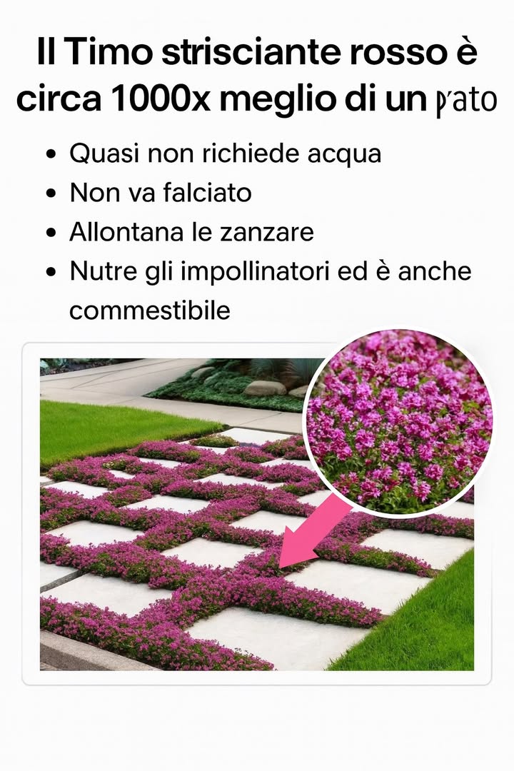 Sostituisci il Prato con il Timo Strisciante 

 Vantaggi
 Bassa manutenzione: non necessita di tagli frequenti come il prato tradizionale.
 Resistente alla siccità: rimane verde e sano anche in periodi con poca acqua.
 Profumo gradevole: rilascia una delicata fragranza quando viene calpestato o toccato.
 Attira gli impollinatori: i piccoli fiori lilla richiamano api e farfalle.
 Sostenibile: riduce il consumo dacqua e limita luso di fertilizzanti e pesticidi.

 Svantaggi
 Crescita lenta: richiede più tempo per coprire completamente una superficie.
 Scarsa resistenza al calpestio: adatto solo a passaggi leggeri, non consigliato per aree di uso intenso.

 Come piantare
1 Scegli una zona ben soleggiata: il timo ha bisogno di almeno 6 ore di luce diretta al giorno.
2 Prepara il terreno: deve essere ben drenato e leggermente sabbioso.
3 Pianta le piantine con una distanza di 2030 cm tra luna e laltra.
4 Annaffia regolarmente fino al radicamento, poi riduci la frequenza.
5 Applica uno strato sottile di pacciamatura paglia o corteccia per conservare lumidità iniziale.

 Risultato
Con il tempo, il timo forma un tappeto verde, fiorito e profumato, trasformando il giardino in uno spazio naturale, ecologico e a bassa manutenzione.