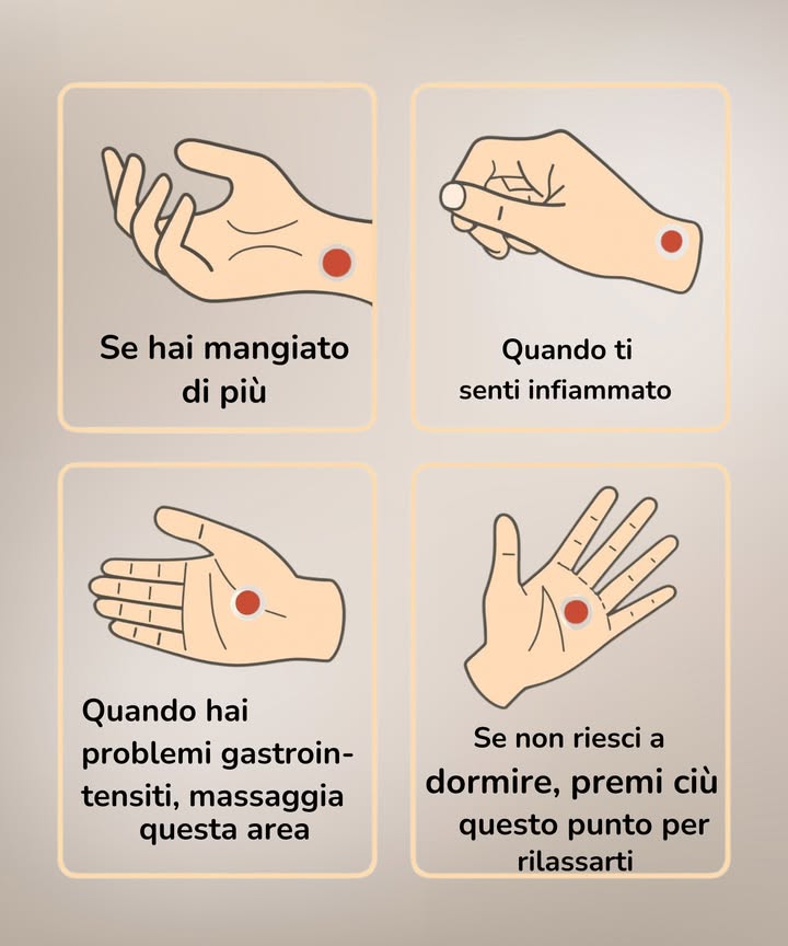 Scopri il potere dei piccoli punti sul polso 

1 Alcuni punti della mano e del polso, se stimolati con pressione delicata, possono favorire rilassamento, migliorare la digestione o ridurre tensioni muscolari.

2 Queste tecniche si ispirano ad agopressione e riflessologia, pratiche antiche che collegano zone specifiche del corpo a funzioni interne, con lobiettivo di riequilibrare energia e benessere.

3 I benefici principali derivano da rilassamento muscolare, migliore circolazione, maggiore consapevolezza corporea e dalleffetto placebo, che può rafforzare la percezione di sollievo.

4 È importante ricordare che le evidenze scientifiche sono limitate. Queste pratiche vanno considerate come supporto al benessere quotidiano e non come sostituti di terapie mediche.

5 Per applicarle in sicurezza:

lavare le mani e sedersi in un luogo tranquillo

individuare il punto e verificare la sensibilità

esercitare una pressione moderata, costante o circolare per 1-2 minuti

respirare lentamente e ripetere fino a 2-3 volte al giorno

6 Errori da evitare: applicare troppa forza, trattare zone infette o aspettarsi risultati immediati e universali. In caso di sintomi persistenti, è sempre necessario consultare un medico.

 Questa pratica semplice e accessibile può diventare parte di una routine quotidiana, favorendo relax, consapevolezza e piccoli momenti di benessere.