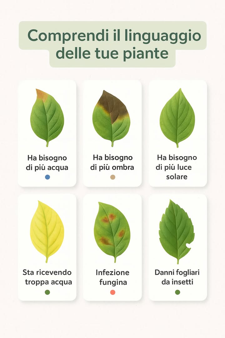 Segnali visivi che la pianta ha bisogno di aiuto 

1 Poca acqua 
Foglie secche, punte ingiallite e fragili.

2 Troppo sole 
Foglie bruciate e ingiallite.

3 Scarsa luce 
Foglie pallide e fusti deboli.

4 Acqua in eccesso 
Foglie gialle, radici molli, possibile odore di marcio.

5 Funghi 
Macchie, patina o muffa sulle foglie.

6 Insetti 
Foglie bucherellate o presenza visibile di parassiti.