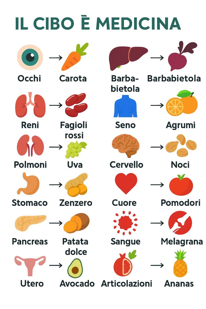 Il cibo è medicina: come usarlo ogni giorno 

1 Occhi  Carota
Beta-carotene precursore di vitamina A. Consumo crudo e leggermente cotto con olio per assorbire i carotenoidi.

2 Fegato  Barbabietola
Betalaine e nitrati con azione antiossidante. Inserisci in insalate e contorni insieme a verdure a foglia.

3 Reni  Fagioli rossi
Fibre e potassio con pochi grassi saturi. Ammollo lungo e cottura completa per migliore digeribilità.

4 Seno  Agrumi
Vitamina C e flavonoidi esperidina. Alterna arance, limoni e pompelmi in insalate e snack.

5 Polmoni  Uva
Polifenoli resveratrolo. Preferisci il frutto intero; limita i succhi per ridurre zuccheri liberi.

6 Cervello  Noci
ALA, vitamina E e composti fenolici. Una manciata al giorno come spuntino o topping su yogurt e insalate.

7 Stomaco  Zenzero
Azione digestiva tradizionale. Tisane con fettine o grattugiato in saltati e risi leggeri.

8 Cuore  Pomodori
Licopene più biodisponibile da cotto con olio doliva. Usa in sughi semplici e zuppe.

9 Pancreas  Patata dolce
Fibre e carotenoidi. Abbina a proteine e verdure per pasto bilanciato.

 Sangue  Melagrana
Polifenoli punicalagine. Aggiungi chicchi a yogurt, insalate e cereali.

11 Utero  Avocado
Grassi monoinsaturi, potassio e fibre. Su pane integrale o in insalate con agrumi.

12 Articolazioni  Ananas
Bromelina nel frutto fresco. Dessert leggero in una dieta varia.

13 Mettere in pratica
Piatto colorato ogni giorno, alterna crudo e cotto, privilegia alimenti interi, usa tisane e spezie leggere a fine pasto.

14 Avvertenze
Guida informativa, non sostituisce pareri medici. Personalizza in gravidanza, con terapie, allergie, diabete o patologie renali/epatiche.

15 Sintesi
Frutta, verdura, legumi, frutta a guscio e spezie, cucinati in modo essenziale con olio extravergine, sostengono energia, umore e prevenzione nel tempo.