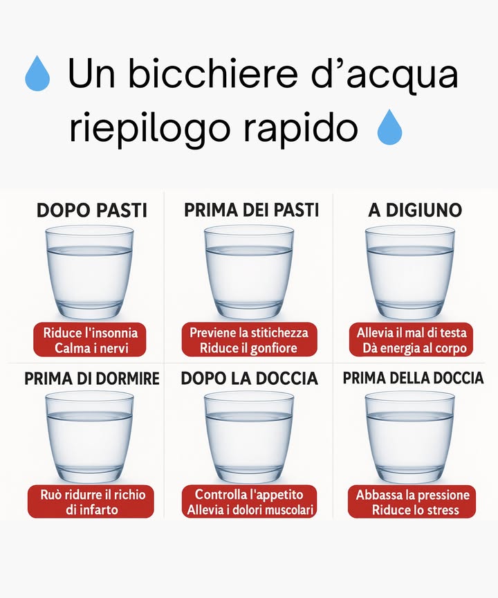 Un bicchiere dacqua  riepilogo rapido 

1 Dopo il pasto: favorisce calma e può sostenere un sonno più sereno
2 Prima del pasto: aiuta a prevenire stitichezza e gonfiore addominale
3 Al risveglio a digiuno: può alleviare mal di testa e dare una piccola spinta di energia
4 Prima di dormire: mantiene lidratazione notturna e, secondo usi popolari, sostiene il benessere cardiovascolare
5 Dopo la doccia: reintegra i liquidi, aiuta il controllo dellappetito e può dare sollievo muscolare
6 Prima della doccia: supporta lidratazione generale, può contribuire ad abbassare la pressione e ridurre lo stress

ℹ Indicazioni di benessere quotidiano, non terapie. In presenza di condizioni specifiche es. problemi renali o cardiaci attenersi alle indicazioni del medico.