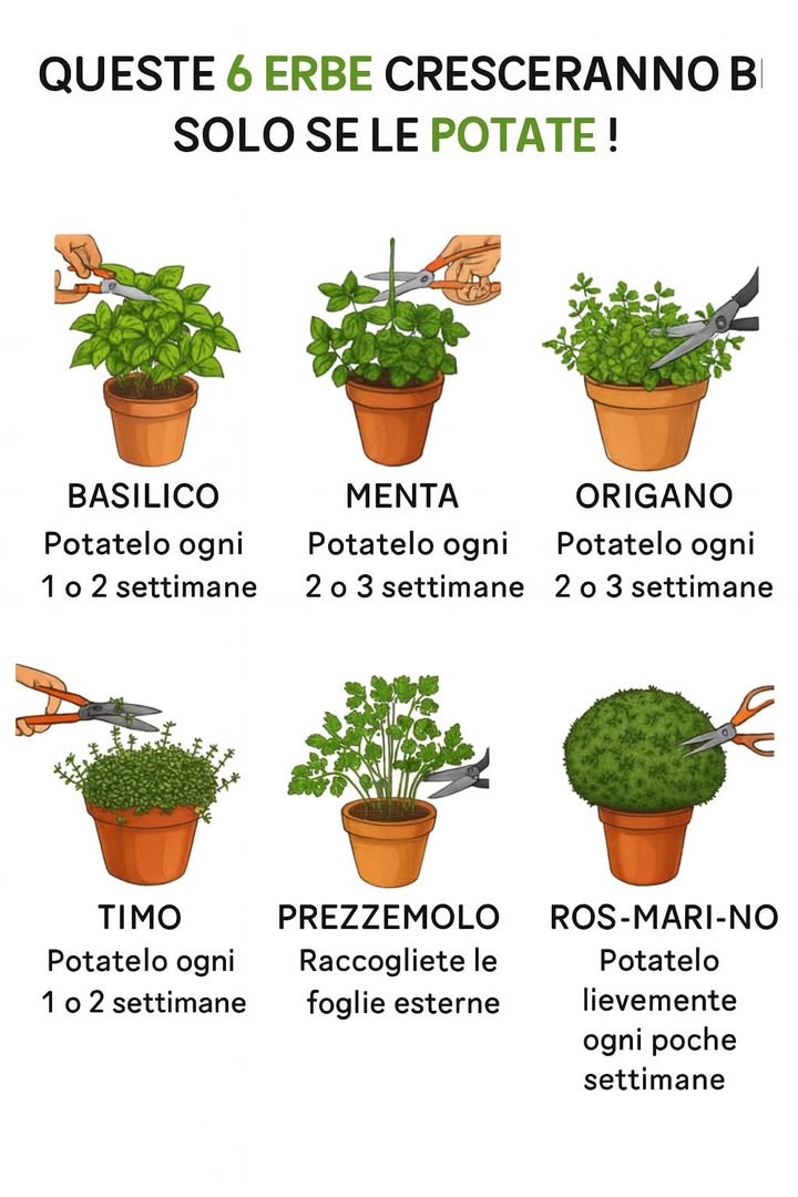 Queste 6 erbe cresceranno bene solo se le poti 

1 Basilico  Pota ogni 1-2 settimane: stimola i rametti nuovi e blocca la fioritura che rovina il sapore. Quanti basilici trasformati in alberelli legnosi senza mai un taglio? 

2 Menta  Pota ogni 2-3 settimane: così non invade tutto e resta fresca e profumata.

3 Origano  Pota ogni 2-3 settimane: favorisce un fogliame denso e super aromatico.

4 Timo  Pota ogni 4-6 settimane: dopo la fioritura va accorciato per rinvigorirsi.

5 Prezzemolo  Raccogli sempre le foglie esterne: assicura produzione continua.

6 Rosmarino  Pota ogni poche settimane: lo mantiene compatto e vigoroso.

 Consiglio: una potatura regolare è il segreto per erbe sane, saporite e produttive tutto lanno! Vuoi che ti prepari anche una mini-tabella erba  ogni quanto potare da stampare e appendere in cucina?