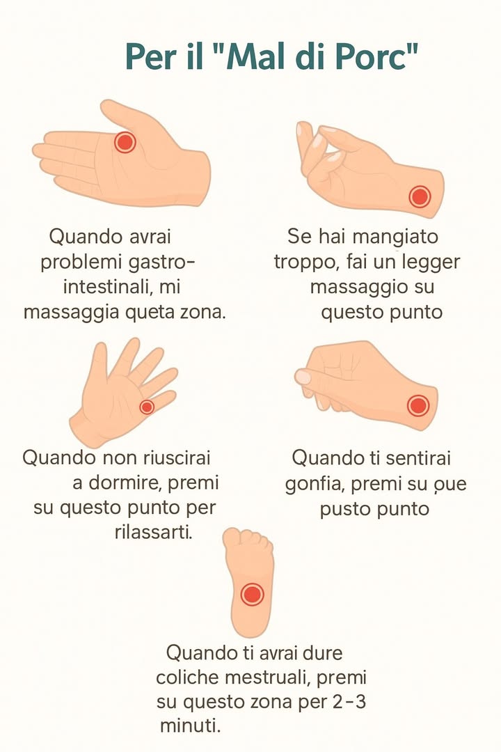 Digitopressione: guida rapida ai 5 punti utili 

1 Problemi gastrointestinali
 Dove: centro del palmo.
 Come: pressioni circolari lente, 23 minuti per mano.
 Effetto atteso: rilassa stomaco e aiuta il transito.

2 Dopo pasto abbondante
 Dove: lato interno dellavambraccio, 23 dita sotto la piega del polso.
 Come: pressione costante, 23 minuti per lato.
 Effetto atteso: alleggerisce la pesantezza e supporta la motilità.

3 Difficoltà ad addormentarsi
 Dove: base del pollice eminènza tenar o tra pollice e indice.
 Come: pressione moderata, 2 minuti per mano, respirazione lenta.
 Effetto atteso: de-tensione e calma del sistema nervoso.

4 Gonfiore addominale
 Dove: stesso punto dellavambraccio del n. 2.
 Come: massaggio lineare dal polso verso il gomito, 23 minuti per lato.
 Effetto atteso: sensazione di sgonfiore e miglior comfort.

5 Coliche mestruali
 Dove: lato interno della gamba, circa 3 dita sopra il malleolo mediale.
 Come: pressione progressiva e costante, 23 minuti per lato.
 Effetto atteso: attenua crampi e tensione pelvica.

 Protocollo essenziale
 Intensità: piacevole/medio, mai dolorosa.
 Ritmo: 12 sessioni al giorno nei periodi di bisogno.
 Supporti: mani calde, olio neutro facoltativo, respirazione regolare.

 Avvertenze chiare
 Gravidanza: evita i punti tra pollice-indice e sopra il malleolo interno.
 Cute lesa, infezioni, dolore acuto: non trattare la zona.
 Patologie croniche, farmaci, sintomi persistenti: confronta sempre con il medico.
 La digitopressione è un supporto complementare e non sostituisce terapie prescritte.