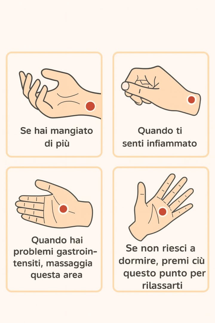 Massaggio ai Punti del Polso: Tecnica Semplice per il Benessere 

1 Identifica i punti principali: interno del polso, base del pollice, zona del mignolo e parte inferiore del polso.

2 Applica una pressione graduale: inizia con un tocco leggero e aumenta fino a una sensazione di lieve pressione, senza mai provocare dolore.

3 Usa movimenti mirati: mantieni la pressione per 1-2 minuti oppure esegui piccoli cerchi in senso orario.

4 Respira lentamente: inspira ed espira con calma durante la stimolazione dei punti.

5 Ripeti con costanza: 2-3 volte al giorno, adattando la pratica ai momenti di bisogno.

6 Evita errori comuni: non usare troppa forza, non massaggiare zone irritate o con ferite e non aspettarti risultati immediati in ogni situazione.

7 Integra la tecnica: abbinala a buone abitudini come una camminata dopo i pasti o un ambiente rilassante prima del sonno.