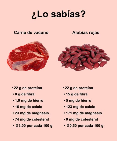 數 Carne vs. Alubias rojas Carne de vacuno 22 g de proteína 0 g de fibra 1,9 mg de hierro 16 mg de calcio 23 mg de magnesio 74 mg de colesterol 3,00 / 100 g Alubias rojas 22 g de proteína 15 g de fibra 5 mg de hierro 123 mg de calcio 171 mg de magnesio 0 mg de colesterol 0,50 / 100 g Una alternativa vegetal con más nutrientes, sin colesterol y mucho más económica.