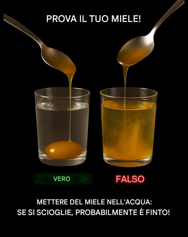 Come testare il miele a casa 

1 Miele vero 
Quando viene immerso in un bicchiere dacqua, il miele puro si deposita sul fondo e rimane intatto, senza mescolarsi facilmente.

2 Miele finto 
Quando viene aggiunto allacqua, si dissolve rapidamente e si diffonde, indicando una possibile adulterazione.

 Un metodo semplice che aiuta a identificare se il miele è naturale o contiene additivi.