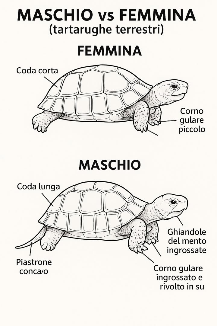 Riconoscere il Sesso delle Tartarughe Terrestri 

1 Osservare il piastrone
Le femmine hanno un piastrone piatto per contenere le uova, mentre nei maschi è concavo per aderire alla femmina durante laccoppiamento.

2 Valutare la coda
I maschi presentano una coda lunga e spessa con cloaca distante dal carapace, le femmine una coda corta e sottile con cloaca vicina al corpo.

3 Analizzare il corno gulare
Nei maschi è più grande e rivolto verso lalto, spesso usato per i combattimenti. Nelle femmine è piccolo e non sporgente.

4 Controllare letà
Le differenze sessuali diventano evidenti solo dopo la maturità, generalmente tra i 5 e i 7 anni di vita.

5 Considerare la specie
Alcune specie, come la Testudo hermanni, mostrano differenze molto marcate, mentre in altre sono più sottili.

6 Evitare stress durante losservazione
Manipolare poco lanimale, mantenerlo vicino al terreno e rispettarne sempre il benessere.

7 Rivolgersi a un esperto
Un veterinario specializzato in rettili può confermare il sesso con precisione e senza rischi per la tartaruga.