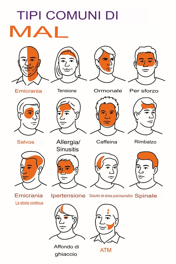 15 Tipi più Comuni di Mal di Testa: Come Riconoscerli e Gestirli al Meglio

Introduzione
Scopri come identificare i 15 tipi più caratteristici di mal di testa, da quelli pulsanti a quelli improvvisi. Questa guida dettagliata ti aiuta a comprendere sintomi, cause e soluzioni efficaci. Mantieni la consapevolezza del tuo corpo e riduci ansia e dolore grazie a un approccio pratico e naturale.

Panoramica: i 15 Tipi più comuni di mal di testa
Descrizione sintetica per ogni tipologia pari a 20 parole ciascuna:

Emicrania  dolore pulsante su un lato, spesso attorno allocchio

Cefalea tensiva  sensazione di pressione frontale o alla nuca

Cefalea ormonale  legata al ciclo mestruale, dolore laterale

Da sforzo  dopo un esercizio intenso, coinvolge tutta la testa
Maggiori informazioni nel primo commento.