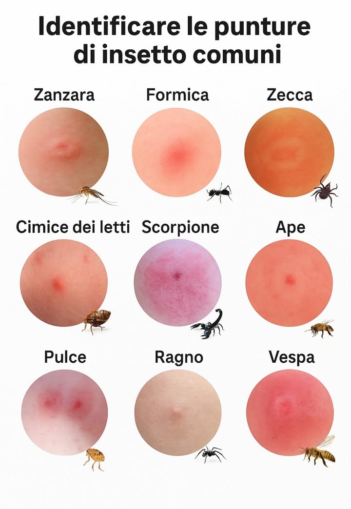 Tutto quello che devi sapere sui morsi di insetti: guida pratica 

1 Morso di zanzara
Compare come un gonfiore rotondo, pruriginoso, con un piccolo foro al centro. È fastidioso ma generalmente innocuo. Io ogni estate finisco per grattarmi fino a lasciare il segno errore da non ripetere!

2 Morso di formica
Si manifesta con una macchia rossa che può bruciare e dare dolore. Se grattato, rischia di infiammarsi. Ricordo la prima volta che mi è capitato: pensavo fosse una semplice irritazione, invece bruciava come fuoco.

3 Puntura di zecca
Appare come un cerchio rosso con centro scuro. Va rimossa con attenzione perché può trasmettere malattie. Lerrore comune? Provare a strapparla di colpo, rischiando di lasciare il rostro sotto pelle.

4 Punture di cimice
Si presentano in fila o a grappolo, soprattutto su gambe e piedi. Sono pruriginose e persistenti. Dopo un viaggio ho scoperto questa firma inconfondibile: non certo il miglior souvenir.

5 Puntura di scorpione
Molto dolorosa, con gonfiore e un centro scuro. In certi casi provoca sintomi più gravi e richiede assistenza medica. È raro incontrarla, ma se succede non va sottovalutata.

6 Puntura di ape
Provoca dolore acuto e gonfiore localizzato, con un piccolo foro al centro. In persone allergiche può causare reazioni serie. Io da piccolo correvo via scalzo in giardino e lape non gradì!

7 Punture di pulci
Minuscole e pruriginose, spesso intorno a caviglie e gambe. Di solito compaiono dopo contatto con animali infestati. Sembrano piccole ma sanno essere insistenti.

8 Morso di ragno
Si presenta come un rigonfiamento con centro chiaro o pallido. La maggior parte è innocua, ma alcune specie sono velenose e richiedono cure. Il problema è che spesso non te ne accorgi subito.

9 Puntura di vespa
Dolorosa e gonfia, con arrossamento intenso e un centro chiaro. Può scatenare reazioni allergiche severe. A differenza delle api, le vespe possono pungere più volte: meglio stare alla larga.

 Consigli generali

Monitora sempre i sintomi: gonfiore diffuso, difficoltà a respirare o febbre richiedono assistenza immediata.

Non grattare le punture per evitare infezioni.

Usa ghiaccio o creme lenitive per ridurre prurito e gonfiore.

Applica repellenti e controlla vestiti e animali dopo attività allaperto.

 Conclusione
Ogni persona può reagire in modo diverso a morsi e punture. Saperli riconoscere aiuta a intervenire subito, ridurre lansia e favorire un recupero rapido. La prevenzione rimane la miglior difesa: repellente, attenzione allambiente e piccoli gesti quotidiani fanno davvero la differenza.