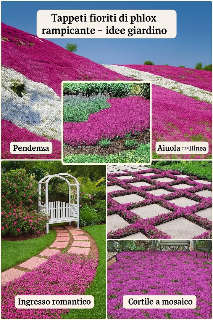 Tappeti fioriti per il giardino 

1 Perché usarli

Riempiono spazi tra pietre e bordure limitando le erbacce

Attraenti per api e farfalle, profumati nel caso del timo

Resistenti alla siccità, richiedono poca manutenzione

2 Come riuscirci

Esposizione: pieno sole, minimo 6 ore al giorno

Suolo: ben drenato, sabbioso o ghiaioso, senza ristagni

Impianto: piantine distanziate 2030 cm; tra le lastre lascia fughe di 58 cm con substrato leggero

Cura: irrigazione moderata nel primo anno, poi solo in periodi di siccità; spuntata leggera dopo la fioritura per mantenerle compatte

3 Idee di design

Creare isole colorate nel prato

Riempire griglie geometriche tra pavimentazioni

Coprire pendii difficili da falciare con un tappeto continuo

Un giardino con timo strisciante o phlox diventa scenografico, profumato e facile da mantenere.
