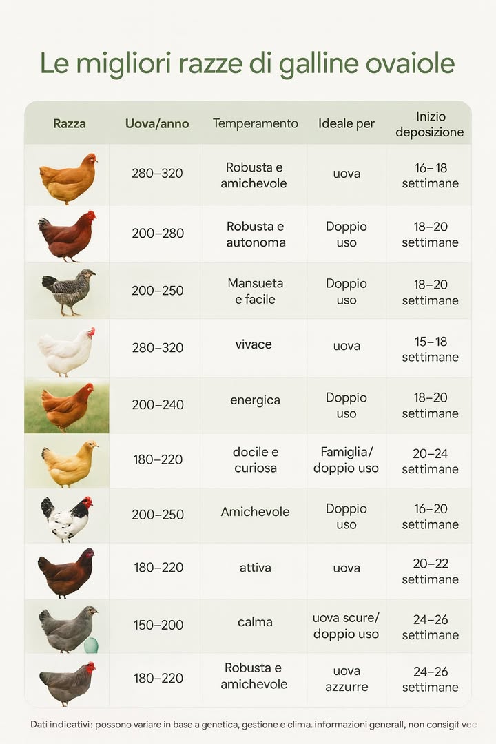 Galline ovaiole: come leggere davvero la tabella 

1 Uova/anno
 180250 = produzione media, gestione facile
 260320 = alta produzione, richiede mangime completo e costanza
 Calo naturale dopo il 2º3º anno e durante la muta

2 Età dinizio deposizione settimane
 1618 = precoci uova prima, corpo più piccolo
 1922 = standard
 2326 = tardive spesso taglia maggiore

3 Temperamento
 Docile/amichevole = adatte a famiglie e spazi condivisi
 Energica/vivace = ottime razzolatrici, servono recinti più sicuri

4 Uso ideale
 Solo uova = focus su produzione
 Doppio uso = uova  carne, pratico per piccoli pollai domestici

5 Altri indizi utili se presenti in tabella
 Tolleranza caldo/freddo  scegli in base al clima locale
 Tendenza alla cova broodiness  utile se vuoi pulcini, scomoda se punti alla continuità di uova
 Colore guscio  bianco, crema, marrone, cioccolato Marans, azzurro/verde Ameraucana/Olive Egger
 Consumo mangime e taglia  impattano i costi e lo spazio

Esempi letti al volo
 Leghorn/Livorno: 280320 uova, precoce, vivace, solo uova  perfetta per massima resa.
 Rhode Island Red: 260300 uova, robusta, doppio uso  polivalente per principianti.
 Plymouth Rock & Sussex: 200260 uova, docili, doppio uso  ideali con bambini.
 Orpington: 180220 uova, molto mansueta, talvolta chioccia  ottima da giardino tranquillo.
 Marans: 180220 uova scure, carattere calmo  valore estetico del guscio.
 Ameraucana: 200250 uova azzurre, temperamento variabile  collezionistica e produttiva.

Scelte rapide per scenario
 Massima produzione: Leghorn, Australorp, Rhode Island Red
 Famiglia/spazi condivisi: Orpington, Sussex, Plymouth Rock
 Gusci particolari: Marans cioccolato, Ameraucana azzurro
 Climi freddi: Wyandotte, Plymouth Rock; climi caldi: Leghorn, Andalusa

Buone pratiche che spiegano i numeri in tabella
 Mangime completo ovaiole 1618% proteine  calcio a libera scelta
 Acqua fresca sempre, ombra e ventilazione destate
 Luce utile 14 ore/giorno per mantenere la deposizione
 Nidi asciutti 1 nido ogni 34 galline e spazio di razzolamento

Nota finale
I valori della tabella sono medie in condizioni ideali; genetica, clima, gestione e benessere le fanno variare. Scegli la razza incrociando produzione, temperamento e clima del tuo pollaioe registra le tue rese per confrontarle stagione dopo stagione.