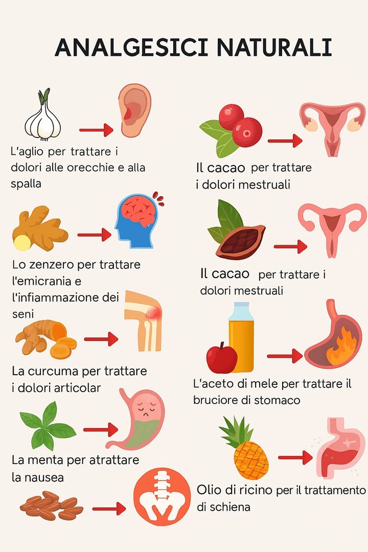Le 6 Piante Più Efficaci per Alleviare il Dolore 
龍 1. Aglio  Contro il dolore alle orecchie
Laglio ha proprietà antibatteriche, antivirali e antinfiammatorie. È un alleato potente in caso di otite o dolore auricolare.

Come usarlo:

Schiaccia uno spicchio daglio fresco

Avvolgilo in una garza sterile

Appoggialo vicino allorecchio non dentro! per 10-15 minuti

Attenzione: Non usare se il timpano è perforato o cè secrezione.

 2. Zenzero  Antinfiammatorio e antidolorifico per mal di testa
Lo zenzero riduce la produzione di prostaglandine, molecole coinvolte nel dolore e nellinfiammazione. È perfetto per mal di testa, dolori mestruali e dolori muscolari.

Come usarlo:

Prepara un infuso con 1 cucchiaino di zenzero fresco grattugiato

Lascia in infusione 8-10 minuti

Bevi 2-3 volte al giorno

Puoi anche usarlo in impacchi caldi sulle tempie o sulla nuca.
Controllare i dettagli nel primo commento.