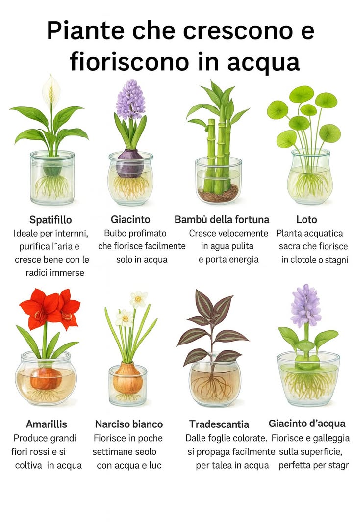 Piante che crescono in acqua 

1 Spatifillo  ideale per interni, purifica laria.
2 Giacinto  bulbo profumato che fiorisce solo con acqua.
3 Bambù della fortuna  cresce rapidamente in acqua pulita.
4 Loto  classica pianta acquatica per ciotole o piccoli stagni.
5 Amarillis  produce grandi fiori rossi scenografici.
6 Narciso bianco  fiorisce velocemente con luce e acqua.
7 Tradescantia  ornamentale, facile da moltiplicare per talea.
8 Giacinto dacqua  galleggiante, fiorifero e decorativo.

 Indicazioni essenziali:

Usare contenitori trasparenti per monitorare le radici.

Cambiare lacqua ogni 710 giorni e sciacquare le radici.

Mantenere il livello dacqua poco sopra il colletto.

Posizionare in luce luminosa indiretta.

Aggiungere, se serve, poche gocce di fertilizzante liquido molto diluito.

Colture idroponiche semplici e decorative, perfette per avere verde e fiori senza terra.