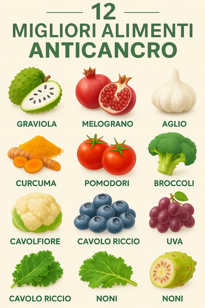 Cibi anticancro: i 12 alimenti potenti per prevenire il cancro
Introduzione
Mangiare seguendo una dieta ricca di alimenti funzionali può essere un valido alleato nella prevenzione del cancro. In questo articolo scoprirai 12 cibi noti per le loro proprietà antitumorali, con consigli pratici su come inserirli nella dieta quotidiana. Scoprirai anche errori da evitare, benefici concreti e indicazioni stagionali per unalimentazione protettiva e varia.

I 12 super-cibi antitumorali
Per ogni alimento trovi: descrizione, composto attivo, e modo ideale di consumo.

Soursop Graviola

Frutto tropicale ricco di acetogenine naturali

Studi suggeriscono capacità di inibire la crescita di cellule tumorali

Come consumarlo: succo fresco o polpa in smoothie

Melograno

Fonte di punicalagine, potente antiossidante

Azione antinfiammatoria, con possibili effetti su tumori al seno e prostata

Consumo consigliato: semi freschi o succo naturale

Aglio

Contiene allicina, composto solforato antibatterico e antitumorale

Associato a minor rischio di cancro gastrico e colorettale

Uso ideale: schiacciato a crudo su insalate o aggiunto in cotture leggere

Curcuma

La curcumina è un antiossidante e antinfiammatorio naturale

Studi indicano potenziale blocco della crescita tumorale

Come usarla: in curry con un pizzico di pepe nero o in latte dorato

Pomodoro

Ricco di licopene, antiossidante liposolubile

Riduce il rischio di tumore alla prostata e altri

Consigliato: passata cotta o pomodori maturi a crudo

Broccoli

Contiene sulforafano, stimola enzimi detossificanti

Protegge da diversi tipi di tumore

Modalità di consumo: lievemente al vapore o saltati brevemente

Cavolfiore

Simile ai broccoli, ricco di glucosinolati

Supporta detox naturale ed effetti antinfiammatori

Ideale: al forno o in zuppe leggere

Mirtilli

Miglia di antociani antiradicali liberi

Proteggono il DNA dalle mutazioni

Uso: spuntino fresco o frullati

Uva rossa/nera

Fonte di resveratrolo, potente antinfiammatorio

Studi su efficacia su tumore al seno e prostata

Consumo: grappoli freschi o succo non zuccherato

Cavolo riccio Kale

Ricco di fibre, vitamine e indolo3carbinolo

Supporta gli equilibri ormonali e la funzione epatica

Modo: insalate o saltato in padella con olio evo

Noni

Frutto tropicale usato in medicina tradizionale

Potente azione antiossidante e presenza di fitocomposti attivi

Come consumarlo: succo naturale, preferibilmente biologico

Alga spirulina o noni doppia inclusione sottolinea importanza

Altamente concentrata in nutrienti e fitonutrienti

Sostiene il sistema immunitario e funzioni cellulari difensive

Uso: polverizzata in frullati o integratori naturali

Guida passopasso: come integrarli nella dieta
Seguendo piccoli passaggi quotidiani:
Controllare i dettagli nel primo commento.