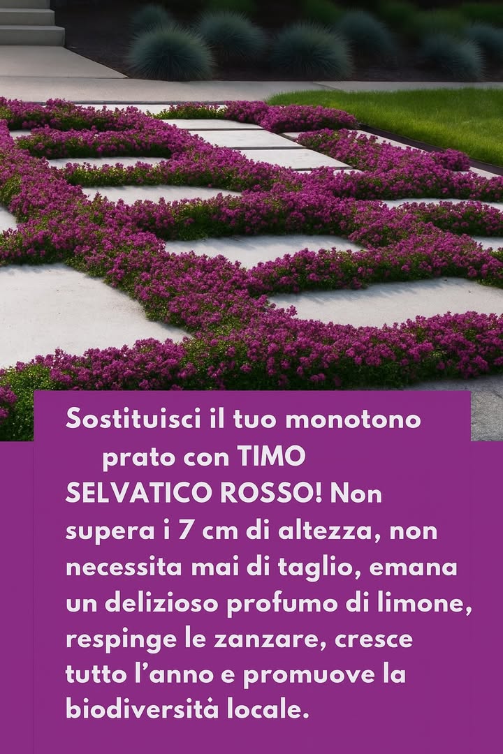 Prato con Timo Selvatico Rosso 

1 Forma tappeti bassi e compatti che non superano i 7 cm di altezza, ideali per sostituire lerba tradizionale.

2 Si adatta bene tra le lastre di pietra creando disegni eleganti e naturali.

3 Non necessita di taglio e resiste senza problemi a caldo e siccità.

4 Rilascia un leggero profumo agrumato quando viene calpestato.

5 I fiori rosa-violacei attirano api e farfalle, favorendo la biodiversità.

6 Gli oli essenziali presenti aiutano a tenere lontane le zanzare.

7 È una scelta che riduce manutenzione e consumo dacqua, rendendo il giardino più bello e sostenibile tutto lanno.