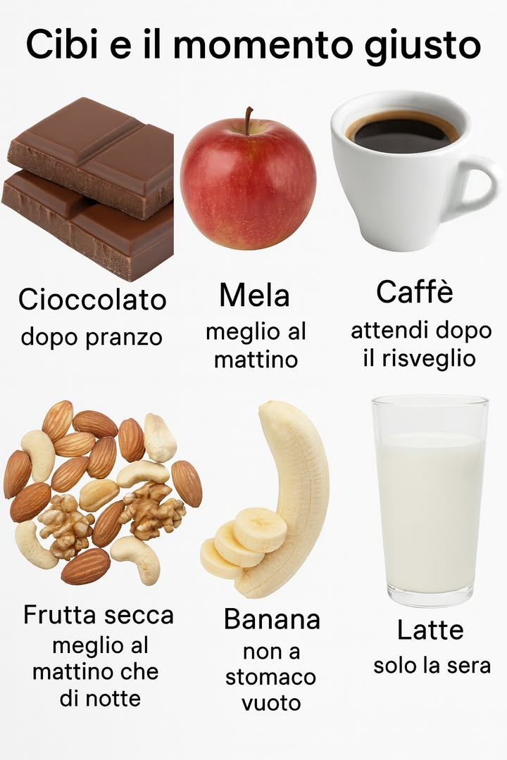 綾 Momenti giusti per alcuni alimenti 綾

1 Caffè: consumarlo dopo il risveglio, non immediatamente.

2 Mela: ideale al mattino.

3 Cioccolato fondente: più indicato nel pomeriggio.

4 Latte: consigliato solo la sera.

5 Banana: da evitare a stomaco vuoto.

6 Frutta secca: meglio al mattino che di notte.