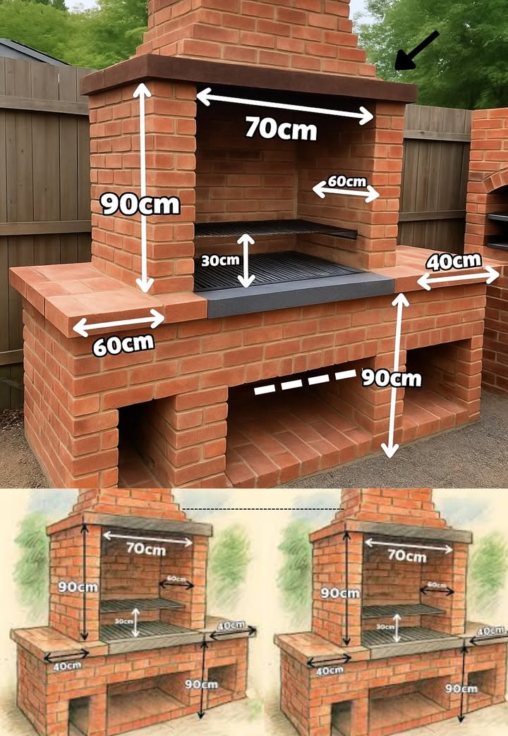 Barbecue in muratura: praticità con stile 

1 Solido e duraturo: costruito interamente in mattoni a vista, unisce fascino rustico e uneleganza semplice che non passa mai di moda.

2 Griglia comoda: in acciaio, posizionata a circa 30 cm dalla base per una cottura uniforme così niente bistecche bruciate fuori e crude dentro .

3 Dimensioni perfette: 70 cm di larghezza e 60 cm di profondità per cucinare carne, pesce e verdure senza fare turni. Altezza di 90 cm per gestire il fuoco senza piegarsi troppo.

4 Ripiani laterali: da 40-60 cm in muratura, ideali per appoggiare piatti, pinze o quel vassoio che puntualmente cade se non cè spazio! 

5 Spazio extra: i due vani inferiori sono praticissimi per legna, carbone o accessori, così hai tutto a portata di mano.

 Con i mattoni rossi che scaldano latmosfera e la rifinitura in pietra scura che aggiunge modernità, questo barbecue non è solo utile: è un vero pezzo darredo da giardino pronto a trasformare ogni grigliata in un momento speciale