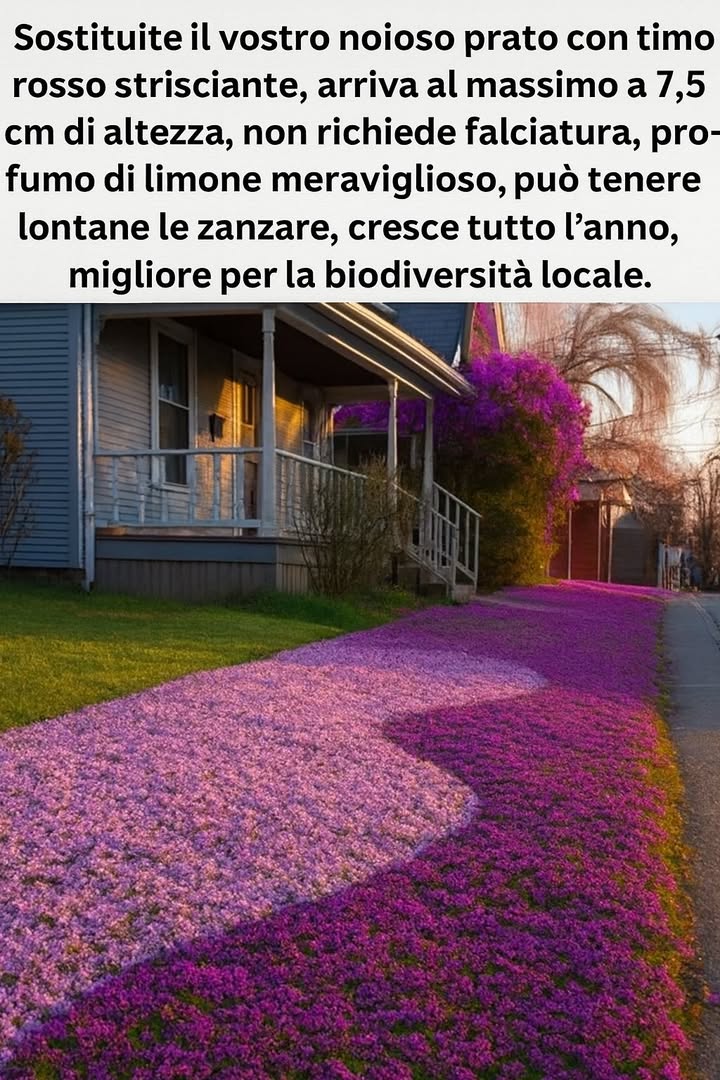 Timo rosso strisciante: bellezza naturale e praticità 

1 Cresce basso e compatto, fino a 7,5 cm, formando un tappeto verde e fiorito che non richiede taglio.
2 Riduce la manutenzione e il consumo dacqua, rendendolo ideale per chi cerca un giardino sostenibile.
3 Rilascia un delicato profumo di limone che profuma laria e allontana le zanzare.
4 Fiorisce a lungo, attirando api e farfalle e favorendo la biodiversità.
5 È una scelta ecologica, resistente e perfetta per sostituire il prato tradizionale con eleganza e armonia.