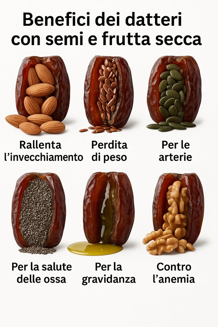 Benefici dei datteri farciti con semi e frutta secca 

1 Mandorle: ricche di vitamina E e antiossidanti, sostengono la protezione delle cellule, della pelle e del cervello.
2 Semi di lino: fonte di fibre e omega-3, aumentano il senso di sazietà e supportano la gestione del peso.
3 Semi di zucca: ricchi di zinco e magnesio, contribuiscono alla salute del cuore e delle arterie.
4 Semi di chia: offrono calcio e minerali, rafforzano le ossa e favoriscono lequilibrio elettrolitico.
5 Olio doliva: apporta grassi monoinsaturi e polifenoli, utili in gravidanza per integrare antiossidanti e lipidi sani.
6 Noci: contengono ferro, folati e omega-3, validi come supporto nutrizionale contro lanemia e per il sistema nervoso.

 Consumo ideale: uno o due datteri farciti sono perfetti come colazione veloce, spuntino pre-allenamento o merenda pomeridiana. Alternare i ripieni garantisce varietà di nutrienti.

ℹ Nota: queste informazioni hanno scopo divulgativo. In caso di condizioni particolari diabete, gravidanza, allergie è opportuno personalizzare le quantità con il supporto di un professionista.