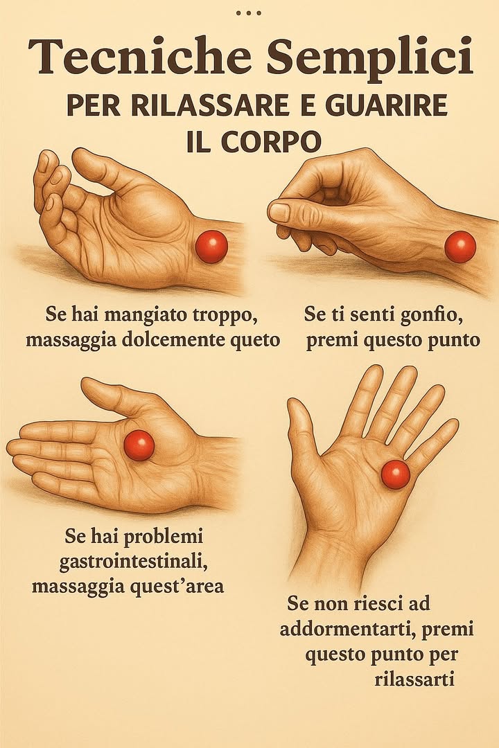 Digitopressione Semplice per il Rilassamento 

1 Dopo un pasto abbondante
Applicare una leggera pressione con movimenti circolari sul lato interno del polso per sostenere la digestione.

2 Gonfiore addominale
Premere il punto situato allesterno del polso, sotto il mignolo, per ridurre la sensazione di pienezza.

3 Fastidi gastrointestinali
Esercitare una pressione dolce al centro del palmo per favorire lequilibrio digestivo.

4 Difficoltà ad addormentarsi
Premere lentamente il punto alla base del palmo, sotto lanulare, per promuovere calma e rilassamento.

5 Modalità di pratica
Mantenere ogni pressione per 2030 secondi, ripetendo 23 volte e respirando in modo regolare.

Queste tecniche sono semplici strumenti di benessere quotidiano e non sostituiscono indicazioni mediche.
