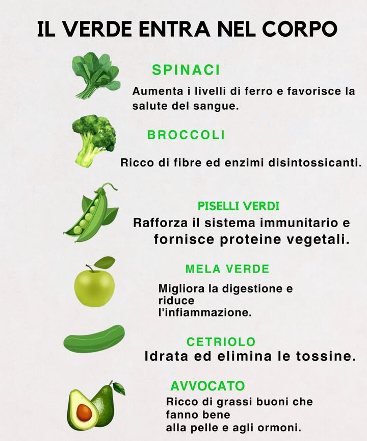 復 Il potere del verde nel piatto 

1 Spinaci  ricchi di ferro e vitamine, aiutano il sangue e danno energia. Certo, non aspettarti i muscoli di Popeye dopo un solo piatto!

2 Broccoli  pieni di fibre e sostanze detox per il fegato. Lunico problema? Il loro profumo in cottura non conquista proprio tutti

3 Piselli verdi  piccoli ma potenti, rinforzano il sistema immunitario e portano proteine vegetali. Peccato che spesso finiscano più sul pavimento che nel piatto.

4 Mela verde  croccante e fresca, favorisce la digestione e calma linfiammazione. Attenzione però, se è troppo acerba ti farà fare una smorfia epica!

5 Cetriolo  super idratante e leggero, perfetto nelle giornate calde. Ammettilo: senza un pizzico di sale o limone sembra solo acqua croccante.

6 Avocado  carico di grassi buoni per pelle e cuore. Il problema? Beccare il momento giusto di maturazione è quasi una missione impossibile.