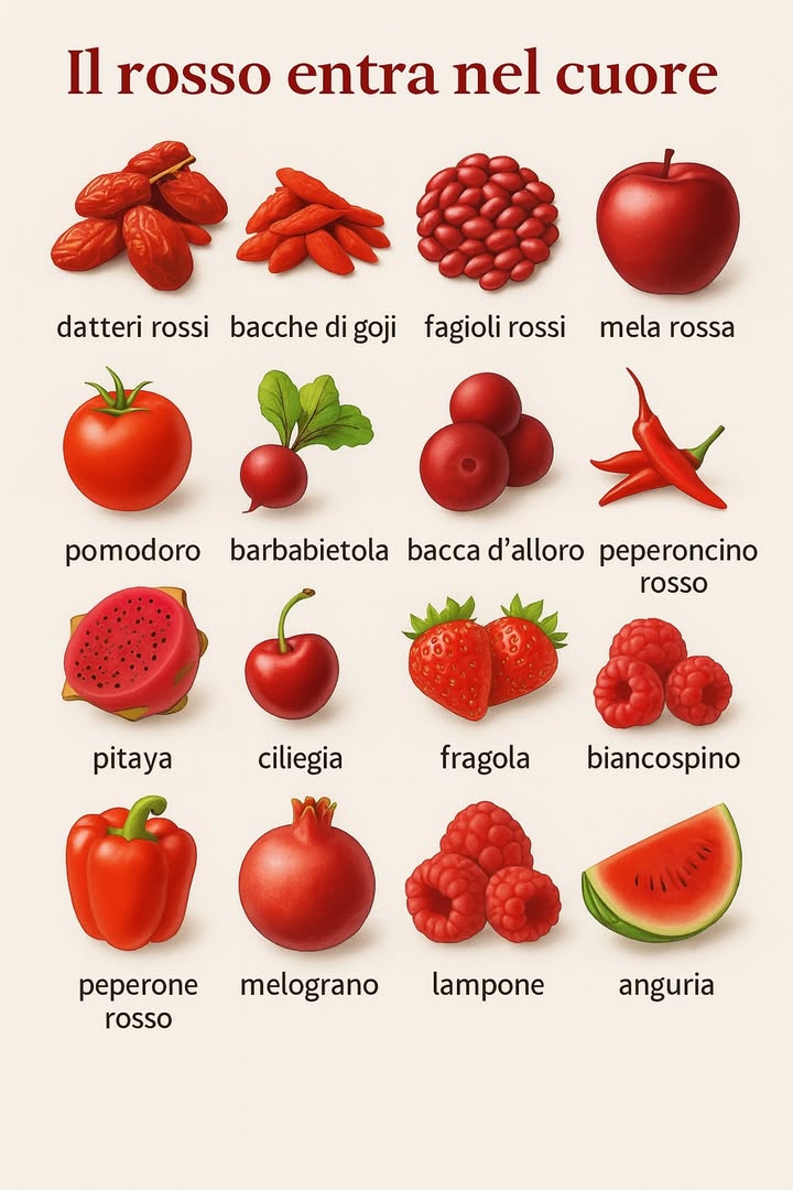Cibi rossi che rafforzano il cuore 

Mela rossa: oltre a essere un frutto delizioso, è estremamente ricca di fibre e antiossidanti. Questi componenti aiutano a ridurre naturalmente i livelli di colesterolo LDL, noto come colesterolo cattivo, e contribuiscono anche ad abbassare la pressione sanguigna, favorendo un cuore più sano e più resistente alle malattie cardiovascolari.

Peperone rosso: ottima fonte di vitamina C e beta-carotene, questi nutrienti rafforzano le pareti dei vasi sanguigni, migliorando la circolazione sanguigna. Inoltre, il consumo regolare di peperoni aiuta a combattere lo stress ossidativo causato dai radicali liberi, che possono danneggiare il cuore.
Controllare i dettagli nel primo commento.