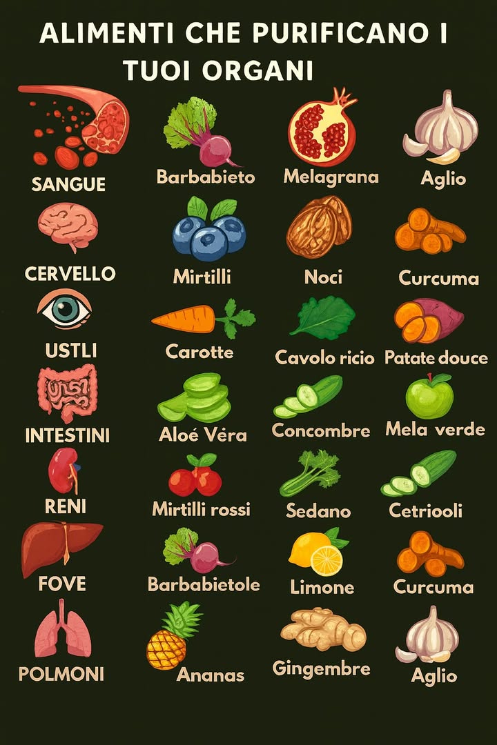 Cibi che Purificano i Tuoi Organi 
1 Barbabietola, melagrana e aglio aiutano il sangue a restare leggero. Io ogni tanto esagero con le porzioni poi mi ricordo che basta poco per fare effetto.
2 Mirtilli, noci e curcuma danno una marcia in più al cervello. Perfetti nei giorni in cui la memoria decide di andare in vacanza.
3 Carote, cavolo riccio e patate dolci sostengono gli occhi. Ottimi quando passi troppo tempo davanti allo schermo.
4 Aloe vera, cetriolo e mela verde aiutano lintestino a ritrovare equilibrio. Ideali dopo quei pranzi un po troppo abbondanti.
5 Mirtilli rossi, sedano e cetriolo supportano i reni, soprattutto quando ti dimentichi di bere abbastanza.
6 Barbabietola, limone e curcuma fanno bene al fegato, il primo a protestare quando la dieta non è proprio perfetta.
7 Ananas, zenzero e aglio sono amici dei polmoni. Un tocco fresco che aiuta a respirare meglio.
 Piccoli gesti quotidiani che fanno stare bene, senza stress e senza complicazioni.