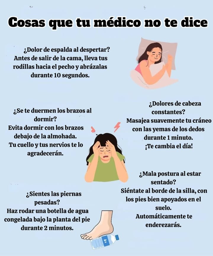 Consejos simples que pueden mejorar tu bienestar diario A veces, pequeños ajustes en tu rutina pueden marcar una gran diferencia en cómo se siente tu cuerpo. Estos hábitos fáciles pueden ayudarte a aliviar molestias comunes sin necesidad de medicación: Dolor de espalda al despertar Antes de levantarte, lleva tus rodillas al pecho y abrázalas por 10 segundos. Ayuda a relajar la zona lumbar. Brazos dormidos por la noche Evita ponerlos debajo de la almohada. Tu cuello y tus nervios te lo agradecerán. Dolores de cabeza frecuentes Masajea suavemente tu cráneo con las yemas de los dedos durante 1 minuto. Relaja la tensión acumulada. Pesadez en las piernas Haz rodar una botella de agua congelada bajo la planta del pie por 2 minutos. Activa la circulación y alivia la presión. Mala postura al sentarte Siéntate en el borde de la silla con los pies bien apoyados en el suelo. Automáticamente corregirás tu postura.