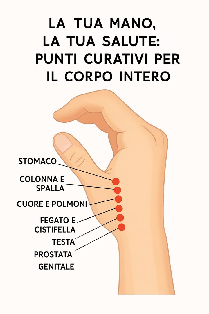 Il potere delle tue mani per la tua salute: cura riflessa dal palmo al corpo intero
Scopri come le tue mani possono diventare uno strumento di benessere: piccole aree riflessogene che parlano al corpo intero. Questa guida ti mostra come usare la tecnica La tua mano, la tua salute per migliorare il rilassamento, diminuire lo stress, migliorare la digestione e favorire equilibrio emotivo naturali, senza farmaci!

1. Cosè La tua mano, la tua salute?
Unantica tecnica di riflessologia manuale, basata su una mappa che collega parti della mano ad organi, sistemi e zone del corpo. La pressione su aree specifiche  dita, centro della palma, base della mano  stimola riflessi che agiscono su cervello, stomaco, colonna vertebrale, gola e altro.

È un metodo semplice, naturale, senza agopuntura né oli obbligatori, accessibile a chiunque voglia praticare lautocura. Ideale per chi cerca una via dolce per riequilibrare corpo ed emozioni nel quotidiano.

2. Benefici della riflessologia manuale 300 parole
Riduce i livelli di cortisolo, favorendo un profondo rilassamento

Migliora la circolazione sanguigna e linfatica, favorendo ossigenazione e defaticamento

Allevia tensione muscolare, mal di testa, dolori alla colonna, ansia e insonnia

Favorisce equilibrio emotivo e maggiore chiarezza mentale

È una pratica naturale, sicura, senza effetti collaterali tranne in presenza di ferite o infiammazioni locali

Questi benefici emergono anche con solo pochi mi
Vedere tutti i dettagli nel primo commento.