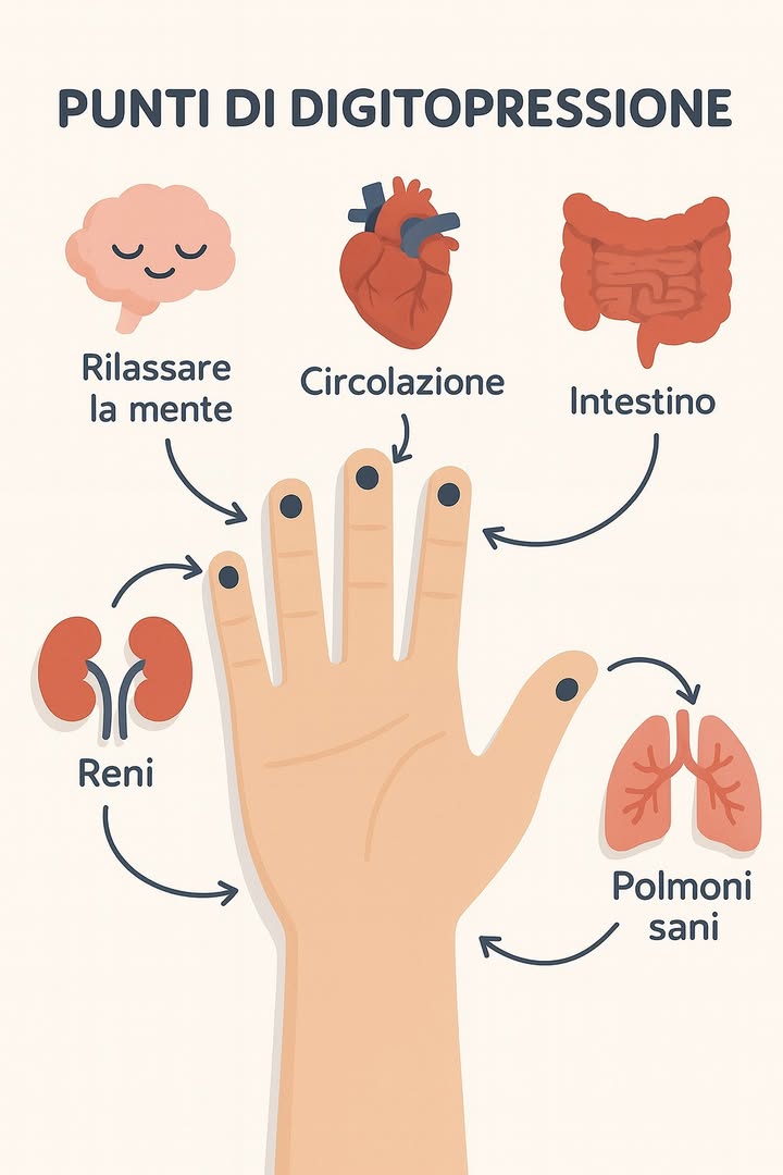 Punti di digitopressione della mano: Guida oggettiva 

1 Mignolo  tradizionalmente associato allequilibrio renale.
2 Anulare  favorisce il rilassamento e riduce la tensione mentale.
3 Medio  stimola la circolazione generale e la vitalità.
4 Indice  tradizionalmente associato al benessere digestivo/intestinale.
5 Pollice  favorisce la respirazione e un senso di apertura toracica.

Come si applica
 Pressione decisa e confortevole per 60-90 secondi per punto.
 Respirare lentamente e profondamente durante la pratica.
 Ripetere 1-2 volte al giorno secondo necessità.

Cura
 Non sostituisce la valutazione o il trattamento medico.
 Evitare zone con ferite, infiammazioni o dolore acuto.  Le donne incinte e le persone affette da malattie croniche dovrebbero consultare un medico prima di iniziare.