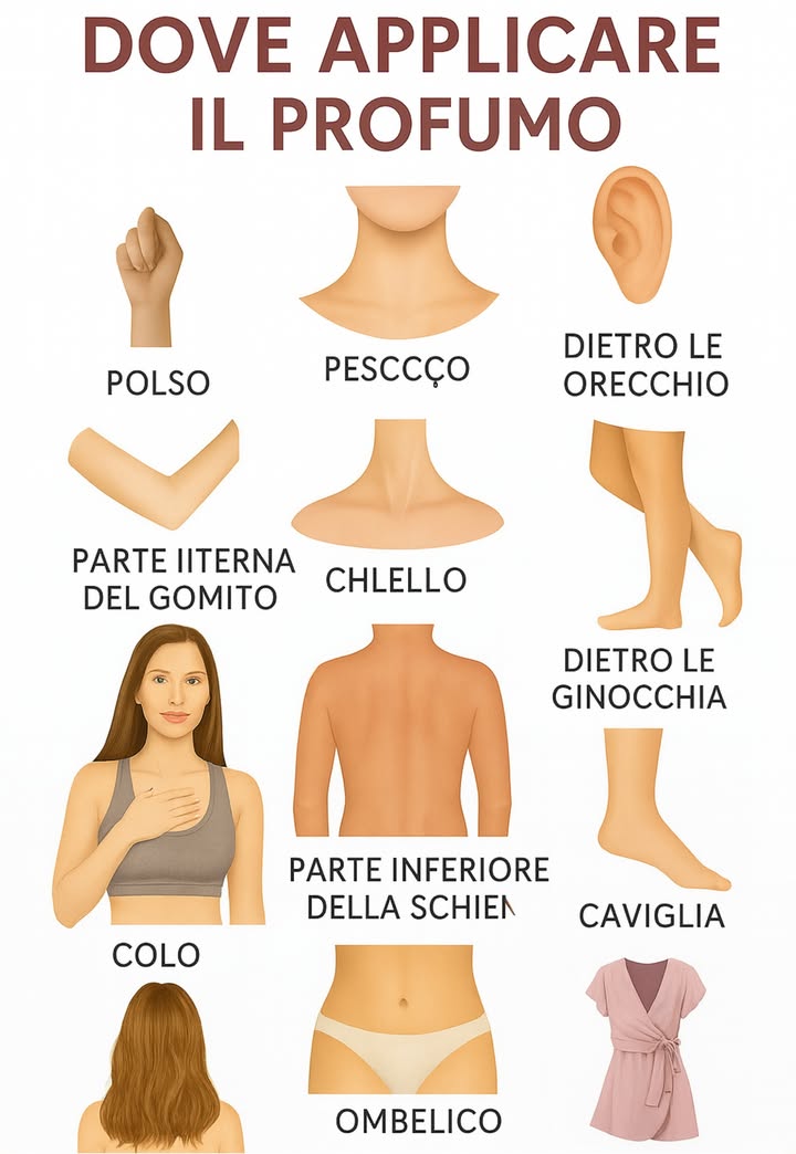 Dove applicare il profumo: i punti strategici per una fragranza che dura 

1 Polsi
Il punto più classico. Ogni volta che muovi le mani, la fragranza si diffonde con eleganza. Lerrore tipico? Strofinare i polsi: rovina le note del profumo!

2 Collo e clavicole
Il calore naturale intensifica laroma e lo rende discreto ma seducente. Perfetto se vuoi lasciare una scia elegante senza sembrare eccessiva.

3 Dietro le orecchie
Un angolo raffinato che molti dimenticano. Qui il profumo resta vicino al viso e sprigiona unaura intima. Io una volta ho esagerato sembrava quasi di avere un alone profumato!

4 Parte interna del gomito
Un punto insolito ma molto efficace: ogni movimento del braccio libera piccole note che durano a lungo.

5 Petto e décolleté
Ideale per le occasioni speciali. Applicare qui il profumo è una scelta sensuale che avvolge senza invadere.

6 Parte inferiore della schiena
Sembra strano, ma funziona: il profumo resta più a lungo e sorprende chi ti avvicina. Io ho provato e mi hanno chiesto quale fosse il mio segreto invisibile.

7 Ombelico
Emana calore costante, rilasciando la fragranza gradualmente. Un piccolo trucco che pochi conoscono.

8 Dietro le ginocchia
Perfetto destate con gonne o vestiti leggeri. Il profumo sale naturalmente, creando un effetto avvolgente.

9 Caviglie
Un dettaglio elegante: ogni passo diventa unoccasione per rilasciare note delicate e sorprendenti.

 Consigli extra

Vaporizza da circa 15 cm per distribuire meglio.

Applica subito dopo la doccia: la pelle idratata trattiene più a lungo la fragranza.

Spruzza anche su vestiti o capelli a distanza per un effetto ancora più persistente.

Hai mai provato ad applicare il profumo in un punto insolito come dietro le ginocchia o allombelico? Potrebbe diventare il tuo nuovo segreto di fascino.