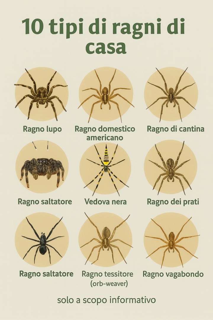 Guida rapida: 10 ragni di casa da riconoscere 

1 Ragnatele: a ruota = orbicolari; aggrovigliate = domestico/cantine
2 Proporzioni: zampe lunghissime  corpo minuto = Pholcidae; corpo tozzo  zampe robuste = lupo
3 Segni chiave: clessidra rossa = vedova nera; macchia violino = recluso bruno
4 Innocui e utili: saltatori Salticidae, orbicolari Araneidae, ragno domestico, ragno delle cantine
5 Da trattare con cautela: vedove nere Latrodectus, recluso bruno Loxosceles, hobo spider Eratigena agrestis
6 Dove trovarli: cantine, garage, telai finestre, verande, cataste legna, angoli asciutti e poco disturbati
7 Gestione sicura: sigilla fessure, monta zanzariere, riduci disordine, aspira ragnatele e ovisacchi
8 Controllo integrato: limita le prede luci schermate, rifiuti chiusi, pulizia regolare, rimozione meccanica
9 Morso sospetto: lava con acqua e sapone, applica ghiaccio avvolto, valuta assistenza medica in presenza di sintomi importanti
 Evita fai-da-te invasivo con specie a rischio; coinvolgi disinfestatori autorizzati quando necessario