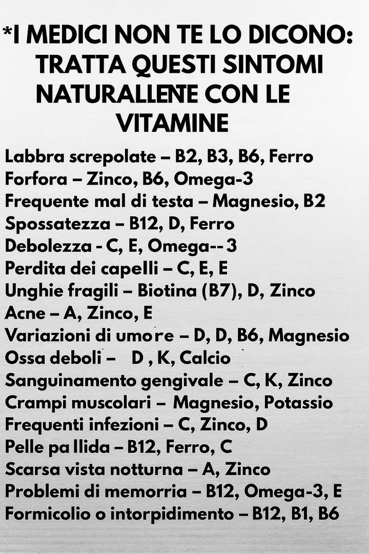 Sintomi Comuni e le Vitamine che Possono Aiutare 

1 Labbra screpolate – Potrebbe essere un segno di carenza di vitamina B, zinco o ferro.
2 Forfora – Carenza di vitamine del gruppo B, vitamina C o zinco.
3 Mal di testa frequente – Spesso associato a carenza di magnesio o vitamine del gruppo B.
4 Stanchezza e debolezza – Possibili carenze di ferro, vitamina D o vitamina B12.
5 Caduta dei capelli – Potrebbe derivare da carenze di ferro, vitamina D o zinco.
6 Unghie fragili – Vitamina B7 biotina, zinco e vitamina A sono importanti.
7 Pelle secca – Carenza di vitamina A, acidi grassi Omega-3 e vitamina E.
8 Acne – Vitamina A, zinco e vitamina D possono aiutare a migliorare la salute della pelle.
9 Sbalzi dumore – Possono essere legati a carenze di vitamine B, vitamina D o magnesio.
 Ossa deboli – Vitamina D, calcio e magnesio sono essenziali per la salute ossea.
11 Sanguinamento gengivale – Vitamina C, ferro e zinco sono spesso coinvolti.
12 Crampi muscolari – Magnesio, potassio e calcio sono i principali nutrienti.
13 Infezioni frequenti – La vitamina C, il ferro e lo zinco sostengono il sistema immunitario.
14 Pelle pallida – Potrebbe essere causato da carenza di ferro o vitamina B12.
15 Scarsa vista notturna – La vitamina A è fondamentale per la salute degli occhi.
16 Problemi di memoria – Vitamina B12, Omega-3 e magnesio possono contribuire al benessere cerebrale.
17 Formicolii o intorpidimento – Vitamina B12 e magnesio sono essenziali per il sistema nervoso.

 Alimentazione sana e ricca di nutrienti: Una dieta che includa frutta, verdura, cereali integrali, legumi, semi oleosi e pesce può aiutare a coprire il fabbisogno di questi micronutrienti.
 Nota importante: Questi disturbi possono avere molte cause diverse. Consultare un medico o un nutrizionista prima di assumere integratori è sempre consigliato.
