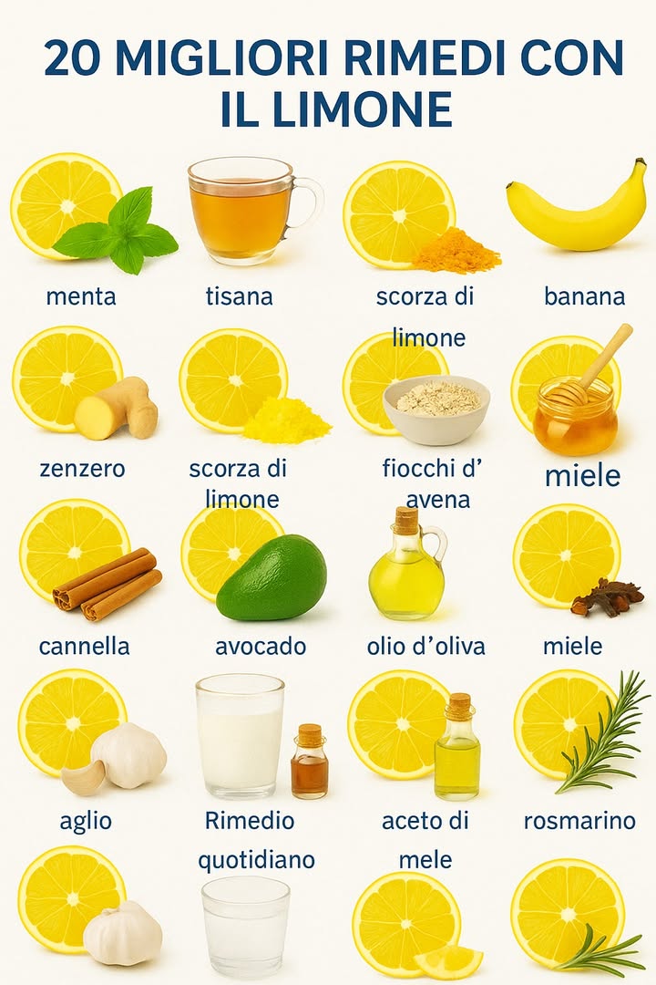 Rimedi Naturali con il Limone 

1 Un concentrato di benefici
Il limone è ricco di vitamina C, antiossidanti e minerali che sostengono digestione, immunità e vitalità quotidiana.

2 Abbinamenti più efficaci
Tra i migliori troviamo menta, tisane, curcuma, banana, zenzero, miele, cannella, olio doliva, avocado, aglio, aceto di mele, fiocchi davena, rosmarino e chiodi di garofano.

3 Azione sul corpo

Zenzero  miele  limone: aiuta contro mal di gola e raffreddori.

Curcuma  limone: sostiene le difese e riduce linfiammazione.

Avocado  olio doliva  limone: favorisce la salute della pelle e del cuore.

Menta  limone: rinfrescante e digestivo.

Avena  latte  limone: delicato per stomaco e intestino.

4 Come integrarli
Aggiungi il succo o la scorza di limone a bevande calde, tisane, frullati o piatti leggeri. Bastano piccoli gesti quotidiani per godere dei suoi effetti depurativi e rinvigorenti.

 Il limone, unito ad altri ingredienti naturali, diventa un alleato semplice e versatile per sostenere salute e benessere in modo naturale.