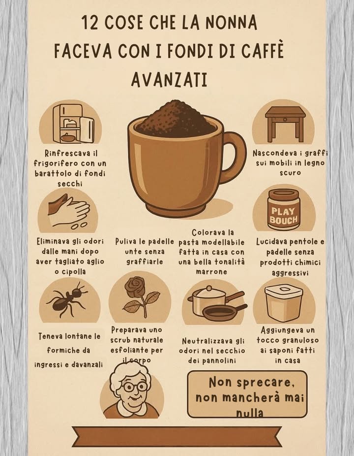 La saggezza della nonna
I fondi di caffè erano per lei un tesoro, non un rifiuto.
Li usava per profumare, pulire, lucidare e nutrire, trasformando ciò che restava in risorsa.
Un piccolo gesto quotidiano che insegnava rispetto, ingegno e amore per la casa.
 Non sprecare: la natura restituisce sempre ciò che le doni.