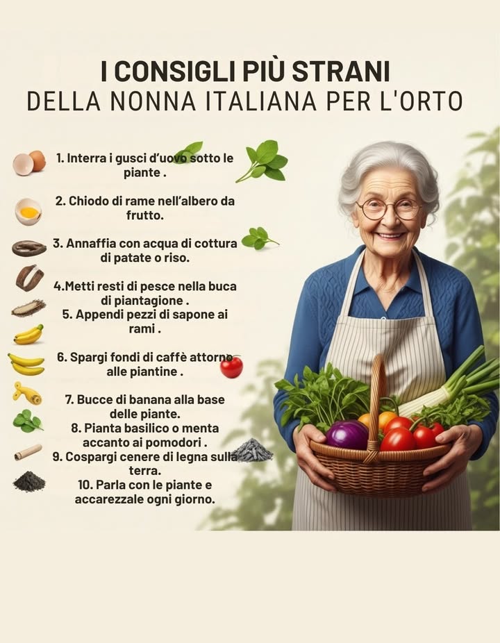 Così le radici diventano forti e gli insetti se ne vanno. 
Infila un chiodo di rame nellalbero da frutto
  Lo stimola a fare più frutti e lo protegge dalle malattie. Annaffia le piante con lacqua di cottura delle patate o del riso
 凜 È piena di sostanze nutritive e fa bene come un fertilizzante naturale. Metti resti di pesce nella buca quando pianti
  Così la pianta prende azoto e fosforo, proprio come facevano i nostri contadini. Appendi pezzi di sapone ai rami degli alberi 
識 Così allontani cervi e insetti, un vecchio trucco delle campagne. Spargi fondi di caffè attorno alle piantine 
 Arricchiscono il terreno e tengono lontane lumache e formiche. Metti bucce di banana attorno alla base delle piante 
 Danno potassio e fosforo naturali, proprio come facevo nel mio orto. Pianta basilico o menta accanto ai pomodori 
 Così respingi gli insetti e migliori il sapore del raccolto. Cospargi cenere di legna sulla terra 
 Rinforza le piante e tiene lontane le lumache, vecchia saggezza contadina. Parla con le tue piante e accarezzale ogni giorno 
 Sentono laffetto e crescono più belle, lo facevano già le nostre nonne.
