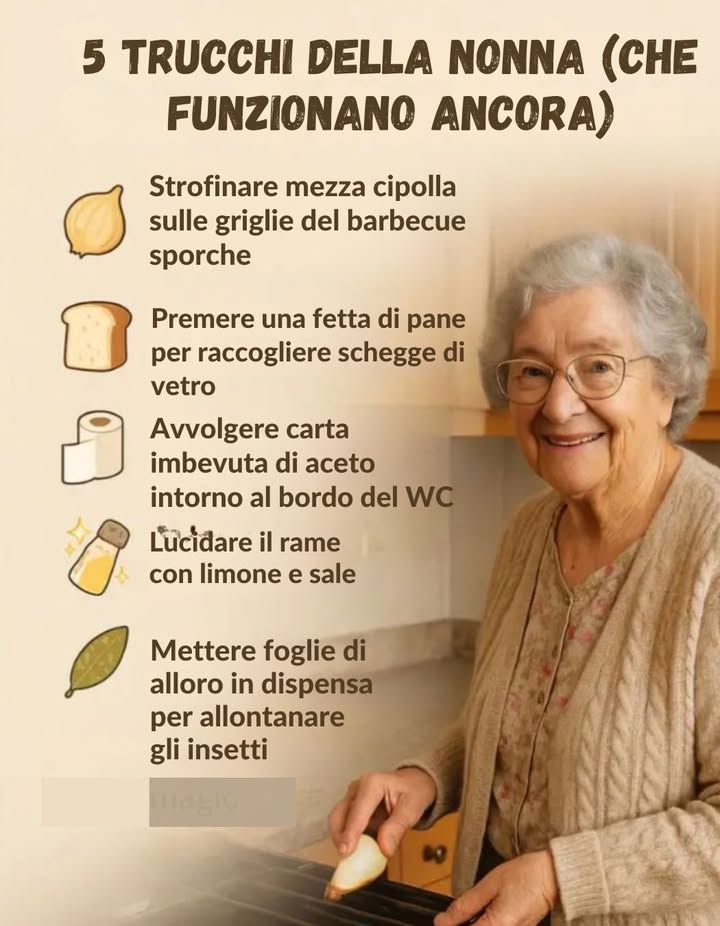 彩 5 trucchi della nonna sempre utili

 Strofinare mezza cipolla sulle griglie sporche del barbecue.
 Usare una fetta di pane per raccogliere schegge di vetro.
 Avvolgere carta imbevuta di aceto sul bordo del WC.
 Lucidare il rame con limone e sale.
 Mettere foglie di alloro in dispensa per tenere lontani gli insetti.