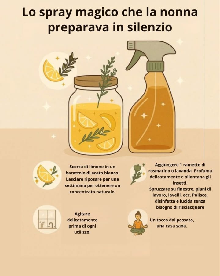 Spray naturale della nonna 
龎 Preparazione
Metti scorza di limone in un barattolo di aceto bianco
Lascia riposare 1 settimana per ottenere un concentrato naturale
Aggiungi 1 rametto di rosmarino o lavanda per profumare e allontanare insetti
 Uso
Agita prima di ogni utilizzo
Spruzza su finestre, piani di lavoro, lavelli, ecc.
Pulisce, disinfetta e lucida senza risciacquo
 Risultato
Profumo delicato
Casa pulita e sana, con un tocco di tradizione