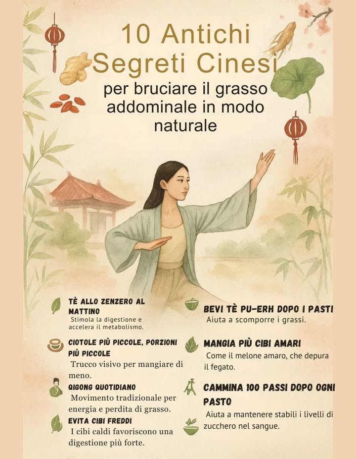 10 Antichi Segreti Cinesi per Bruciare il Grasso Addominale in Modo Naturale
Scopri 10 segreti tramandati dalla tradizione cinese che favoriscono la trasformazione del corpo e aiutano a ridurre il grasso addominale in modo naturale e duraturo.
Tecniche millenarie, erbe, alimentazione consapevole e pratiche quotidiane per riequilibrare il corpo e migliorare il metabolismo.