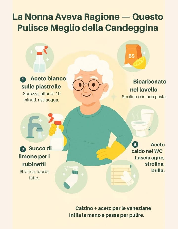 Rimedi della Nonna che Pulisono Meglio della Candeggina 

1 Aceto bianco sulle piastrelle
Spruzza, attendi 10 minuti, risciacqua.

2 Succo di limone per i rubinetti
Strofina, lucida, fatto.

3 Bicarbonato nel lavello
Prepara una pasta e strofina.

4 Aceto caldo nel WC
Lascia agire, strofina, brilla.

5 Calzino  aceto per le tapparelle
Infila la mano e passa per pulire facilmente.

 Pulizie naturali, semplici ed efficaci per una casa più sana.