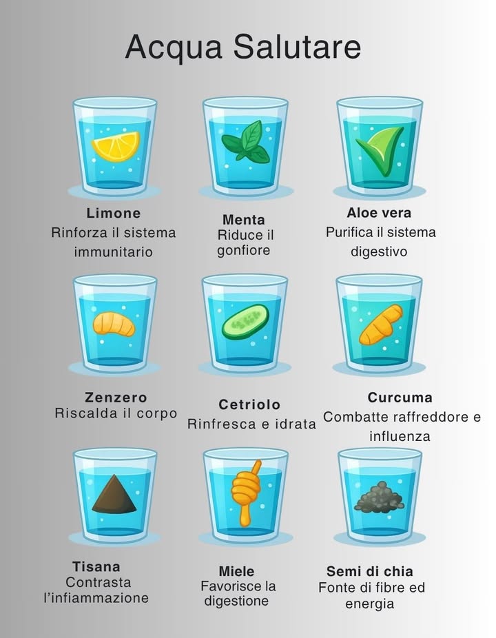 Acqua Salutari: 9 Idee Naturali per Potenziare il Tuo Benessere! 

 Vuoi dare una marcia in più alla tua acqua quotidiana? Prova ad aggiungere questi ingredienti naturali per ottenere benefici incredibili, dentro e fuori! 

 Limone  Rinforza il sistema immunitario
 Menta  Riduce il gonfiore
 Aloe vera  Purifica il sistema digestivo
 Zenzero  Riscalda il corpo
勒 Cetriolo  Rinfresca e idrata
 Curcuma  Combatte raffreddore e influenza
 Tisana  Contrasta linfiammazione
 Miele  Favorisce la digestione
 Semi di chia  Fonte di fibre ed energia
 Salva questa guida per le tue giornate detox o quando hai bisogno di una spinta di vitalità naturale!
#HealthyLiving #DetoxWater #RimediNaturali