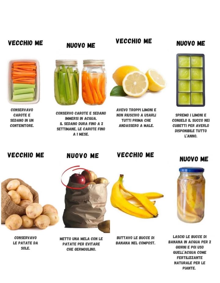 Vecchio Me vs Nuovo Me 

Un viaggio verso abitudini più consapevoli e sostenibili in cucina: piccoli gesti, grandi risultati.

凌 Carote e sedano
 Prima: conservati in un contenitore.
 Ora: immersi in acqua  il sedano dura fino a 2 settimane, le carote fino a 1 mese.

 Limoni
 Prima: finivano per rovinarsi.
 Ora: spremuti e congelati in cubetti, sempre pronti alluso.

凜 Patate
 Prima: conservate da sole e germogliavano.
 Ora: con una mela nel sacchetto, restano fresche più a lungo.

 Bucce di banana
 Prima: finite nel compost.
 Ora: lasciate in acqua per 2 giorni e usate come fertilizzante naturale per le piante. 

 Piccole modifiche quotidiane che riducono sprechi e nutrono la natura.