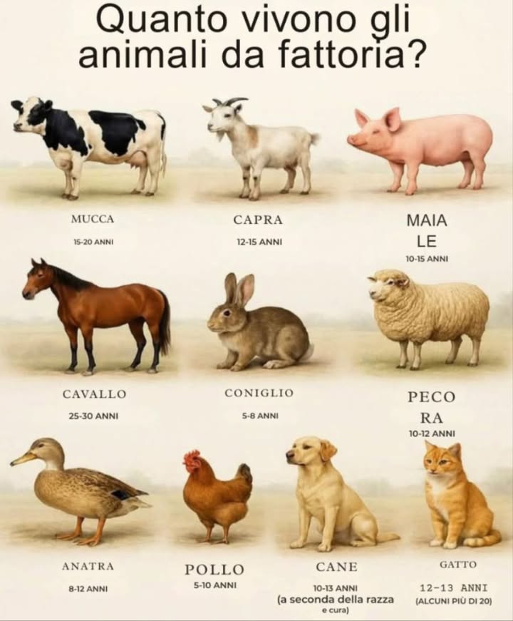 Quanto Vivono gli Animali da Fattoria? 
Scopri laspettativa di vita media degli animali che popolano le fattorie! Una guida utile per chi ama la vita rurale e vuole prendersi cura a lungo dei propri animali 
 Mucca: 1520 anni
 Capra: 1215 anni
 Maiale: 1015 anni
 Cavallo: 2530 anni
 Coniglio: 58 anni
 Pecora: 1012 anni
閭 Anatra: 812 anni
 Pollo: 510 anni
 Cane: 1013 anni in base a razza e cure
 Gatto: 1213 anni alcuni superano i 20!
 Un animale curato bene vive più a lungo, più sano e più felice!
Rispetta i loro bisogni, alimentazione e ambiente per goderti tanti anni insieme!