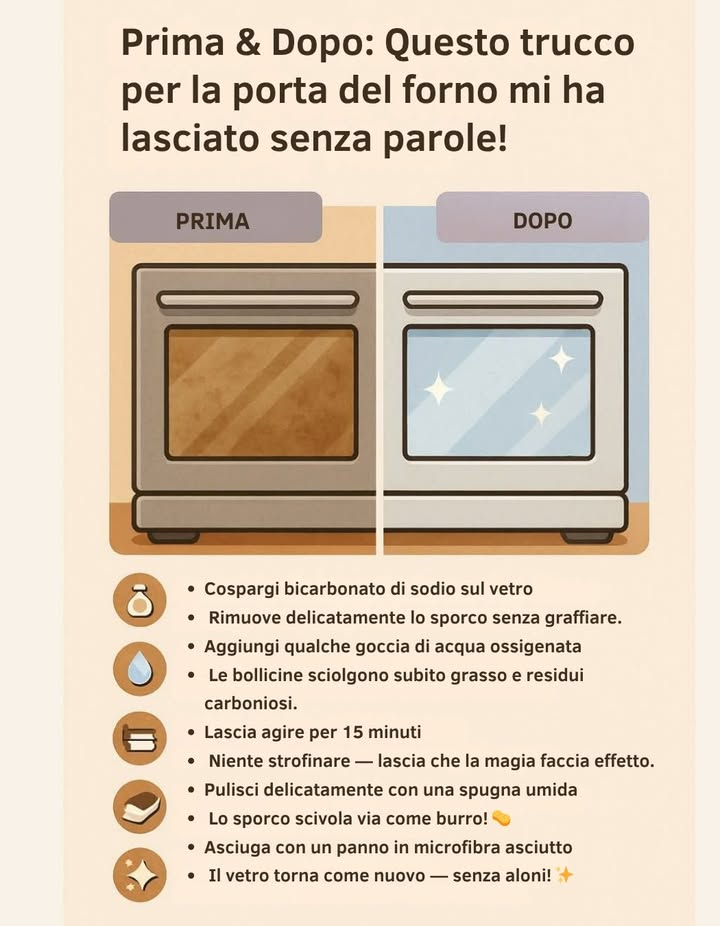 Pulizia del vetro del forno 

Procedura naturale e delicata:

Cospargi bicarbonato di sodio sul vetro.

Aggiungi qualche goccia di acqua ossigenata.

Le bollicine sciolgono subito grasso e residui carboniosi.

Lascia agire per 15 minuti senza strofinare.

Pulisci con una spugna umida: lo sporco si scioglie facilmente.

Asciuga con un panno in microfibra per un risultato brillante.

 Il vetro torna limpido e senza aloni  come nuovo.