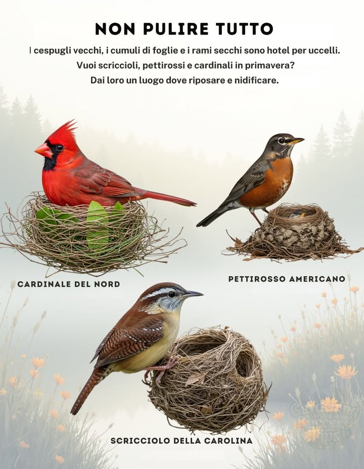 Non pulire troppo il giardino in autunno 
Quando il clima si raffredda, uccelli come scriccioli, pettirossi e cardinali cercano luoghi sicuri dove riposare, trovare cibo e ripararsi durante linverno.
Lasciando cespugli, mucchi di rami e foglie al loro posto, crei un rifugio accogliente per loro  e per gli insetti da cui dipendono.

Ecco come aiutare:
 Salta la pulizia autunnale: lascia che la natura faccia da pacciamatura.
 Lascia foglie e rametti dove cadono  offrono riparo agli insetti e un vero banchetto invernale per gli uccelli.
 Rimanda la potatura di arbusti e perenni alla primavera.
 Pianta o conserva specie autoctone che forniscano bacche, semi e rifugio.

Piccoli gesti fanno una grande differenza per gli uccelli del tuo giardino.
Lascia riposare il giardino  e lascia prosperare la fauna selvatica.