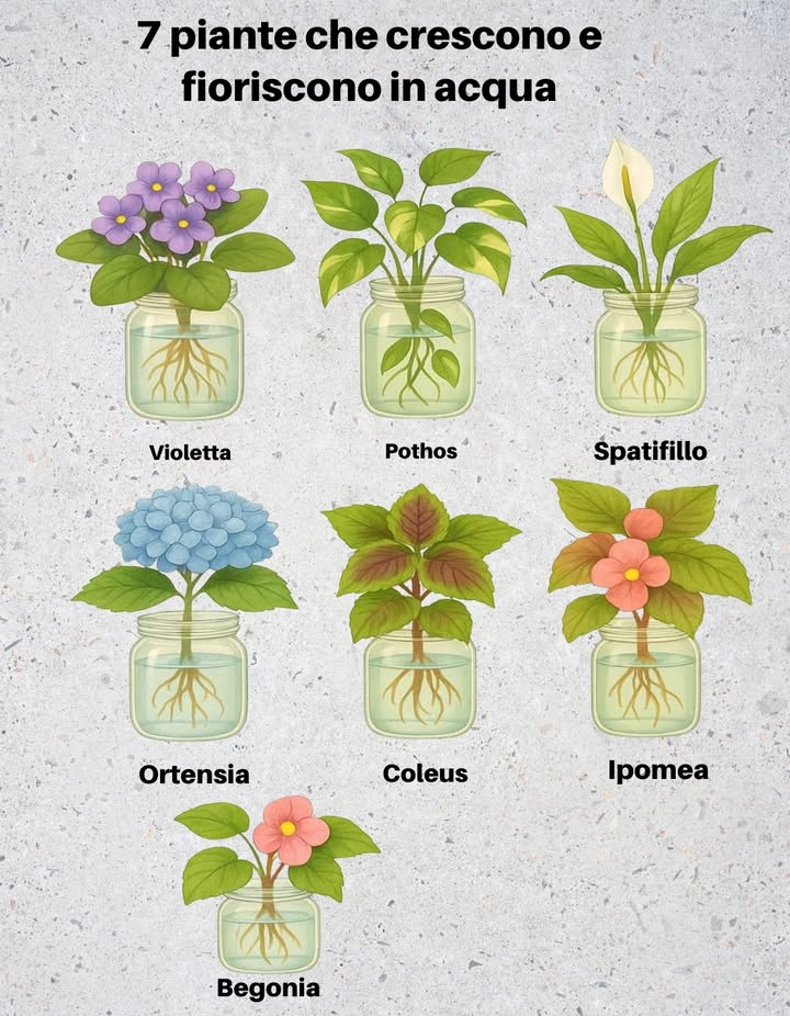 7 piante che crescono e fioriscono in acqua 
Trasforma semplici barattoli in splendidi vasi idroponici e goditi il verde tutto lanno!
 Violetta  Delicata e colorata, perfetta per ambienti luminosi.
 Pothos  Resistente e depuratore daria naturale.
懶 Spatifillo  Elegante, con fiori bianchi e foglie lucide.
 Ortensia  Fiori spettacolari che portano colore in casa.
 Coleus  Foglie decorative con sfumature uniche.
 Ipomea  Fioriture vivaci che amano la luce.
 Begonia  Fiori delicati e facili da curare.
 Consiglio: Cambia lacqua ogni 1-2 settimane e usa acqua senza cloro per mantenerle sane e rigogliose.