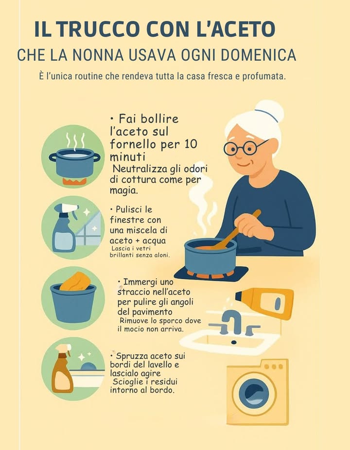 IL TRUCCO CON LACETO
CHE LA NONNA USAVA OGNI DOMENICA

Una routine semplice che lasciava la casa fresca, pulita e profumata.

 Fai bollire laceto per 10 minuti
Neutralizza gli odori di cottura e lascia laria più pulita.

 Pulisci i vetri con una miscela di aceto e acqua
Rende le finestre brillanti e senza aloni.

 Immergi uno straccio nellaceto per pulire gli angoli del pavimento
Rimuove lo sporco dove il mocio non arriva.

 Spruzza aceto sui bordi del lavello e lascialo agire
Scioglie i residui e lascia le superfici più luminose.