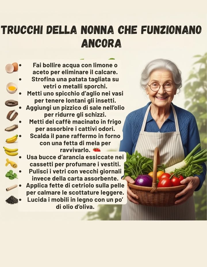 Trucchi della nonna che funzionano ancora

 Far bollire acqua con fette di limone o aceto per eliminare il calcare dal bollitore o dalla teiera.

凜 Strofinare una patata tagliata su vetri o metalli sporchi.

龍 Mettere uno spicchio daglio nei vasi per tenere lontani gli insetti dalle piante.

蓼 Aggiungere un pizzico di sale nellolio per ridurre gli schizzi durante la frittura.

 Una ciotolina di caffè macinato in frigorifero assorbe i cattivi odori.

 Per ravvivare il pane raffermo, scaldarlo in forno con una fetta di mela.

 Le bucce darancia essiccate nei cassetti profumano i vestiti.

炙 Usare vecchi giornali per pulire i vetri al posto della carta assorbente.

勒 Le fette di cetriolo sulla pelle calmano le scottature solari leggere.

林 Lucidare i mobili di legno con un po di olio doliva